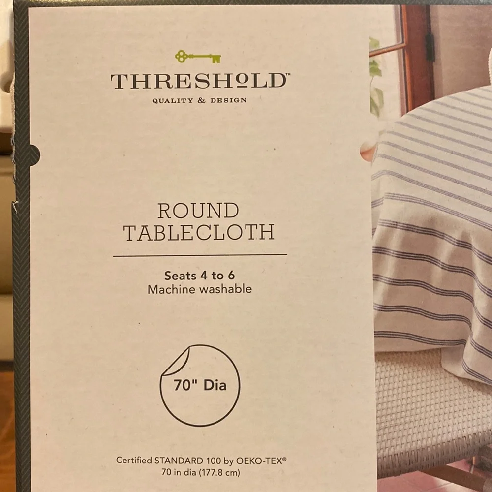 NWT Threshold Round 70” Tablecloth Stripe Blue White NIP Seats 4 - 6 NEW!!